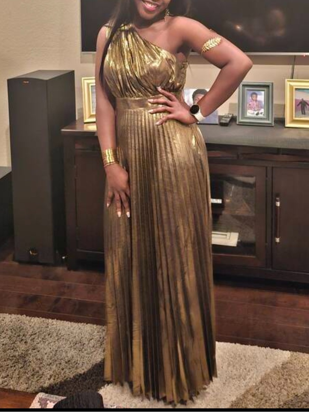 99- Elegant Shiny Gold Asymmetrical Neck Maxi Party Dress Pleated - Picture 8 of 9